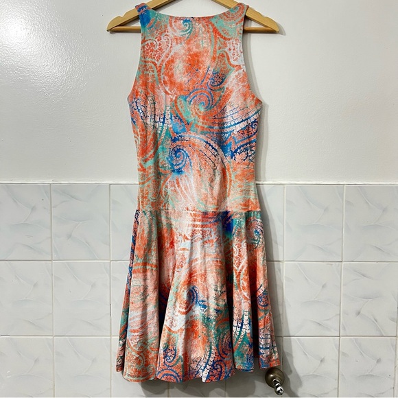 LRL S Coral Pink Blue Paisley Lace Up Tie Dye Drop Waist Ruffle Boho Y2K Dress - Picture 6 of 8